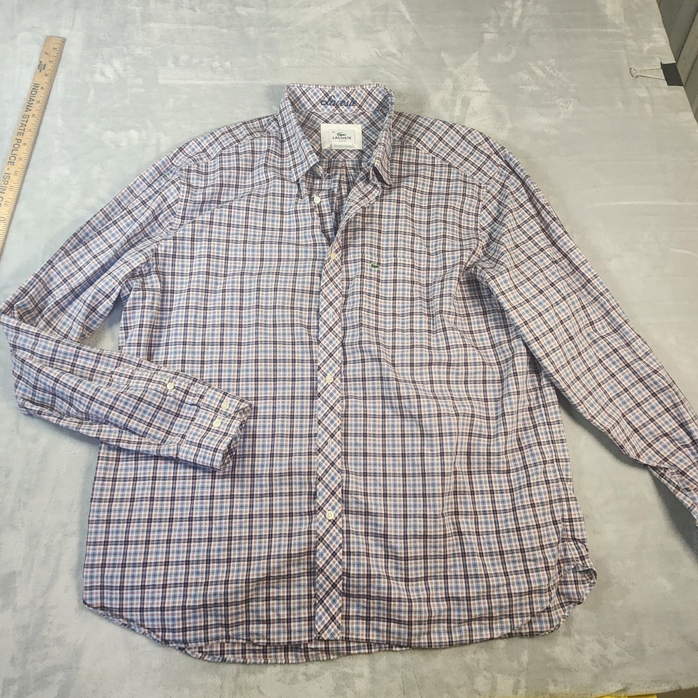 Lacoste Men's 2XL 46 Button Down Shirt‎ Plaid 100% Cotton Lightweight